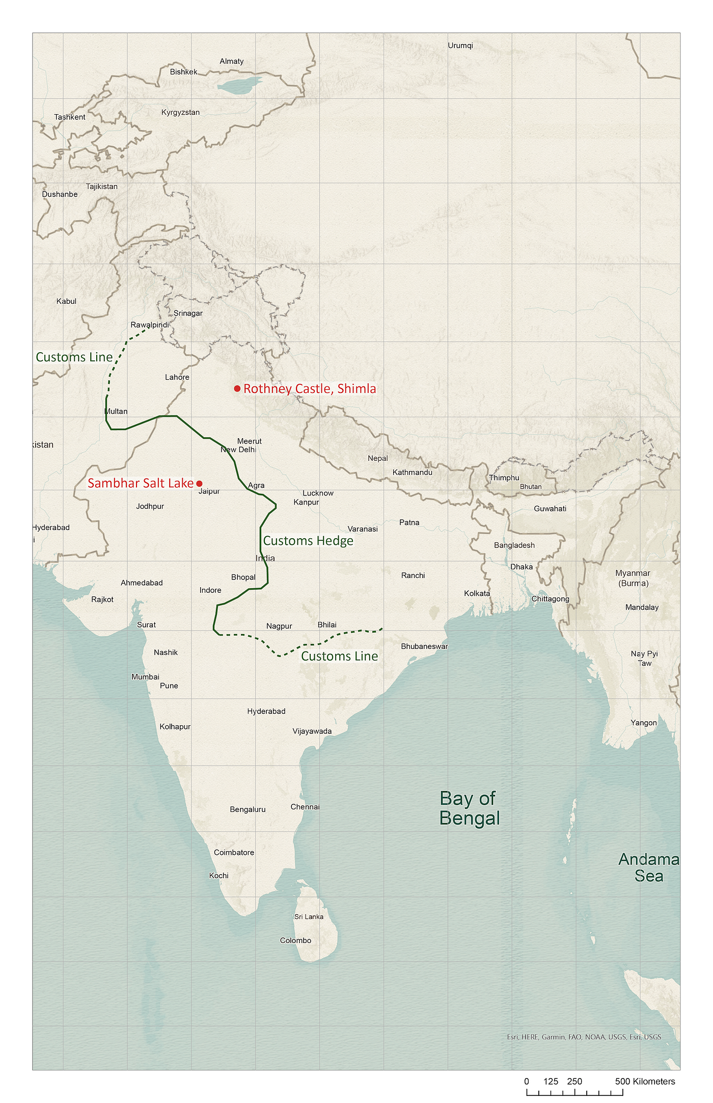 Map showing the Inland Customs Line, adapted from Roy Moxham’s book The Great Hedge of India, along with the rough locations of Sambhar Salt Lake and Rothney Castle (Source: The Empire’s Salt Tax: Uncovering the Forgotten Hedge of India)