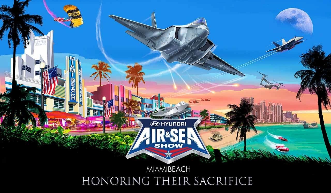 Mickey Markoff 2023 Air Sea Exec — art deco landsacpe of miami with military aircraft in air and seacraft aside hyundai air and sea show logo with text ‘Miami Beach, honoring their sacrifice’.