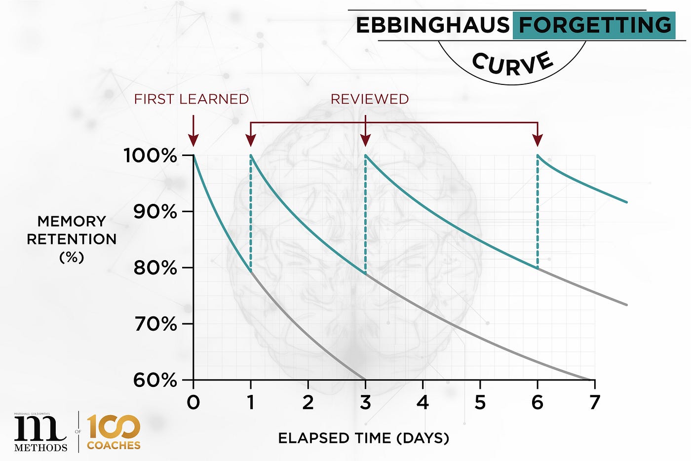 The Ebbinghaus Forgetting Curve and the effect of reviewing information on memory retention. | Source: https://methodsof.com/blog/the-ebbinghaus-forgetting-curve/