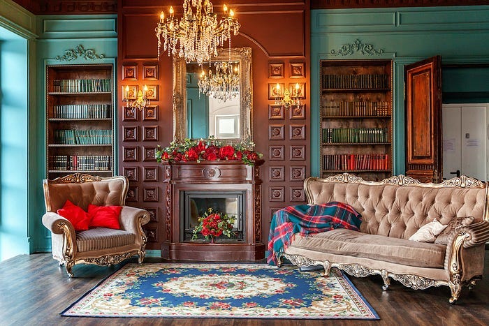 Image of the interior of victorian era home with blue walls.