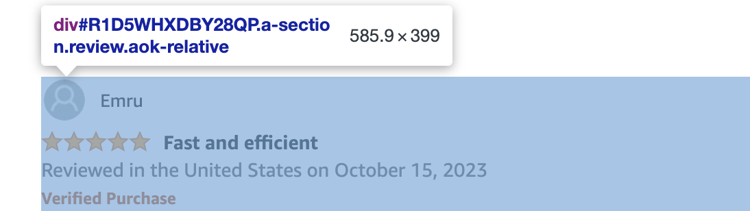 Screenshot of inspecting a customer review on Amazon with the intention to scrape the data.