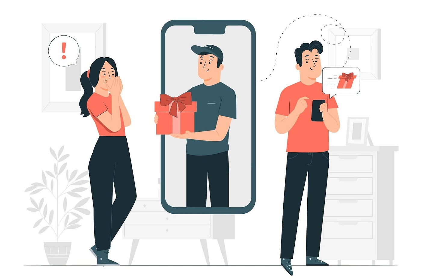 Illustration of a person digitally sending a gift to someone