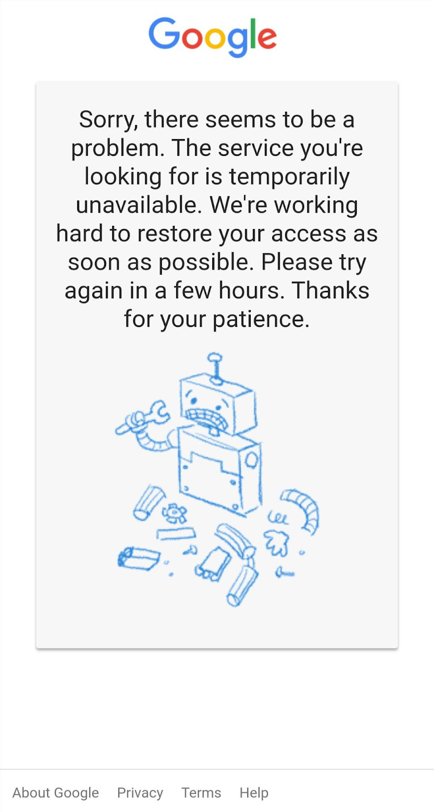 Google error page saying sorry to reduce user frustration
