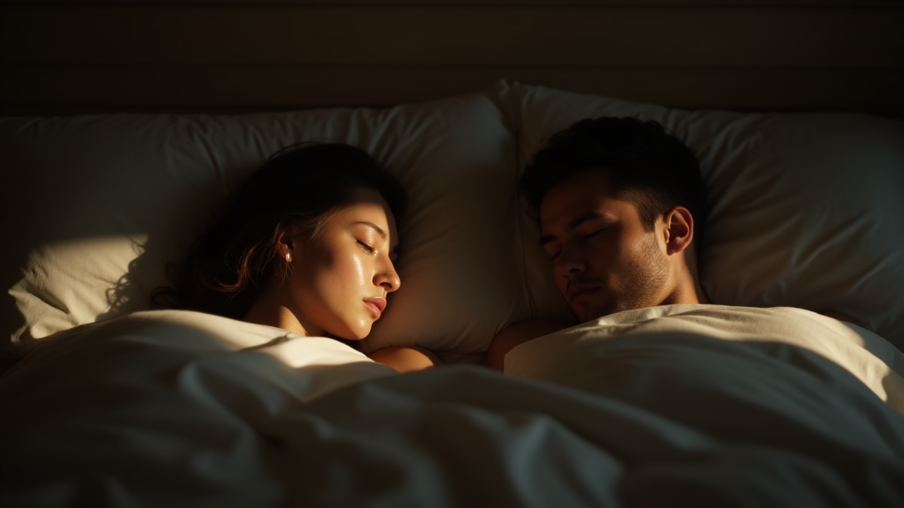 Couple lying side by side in bed, bathed in soft golden light, eyes closed in post-intimacy serenity