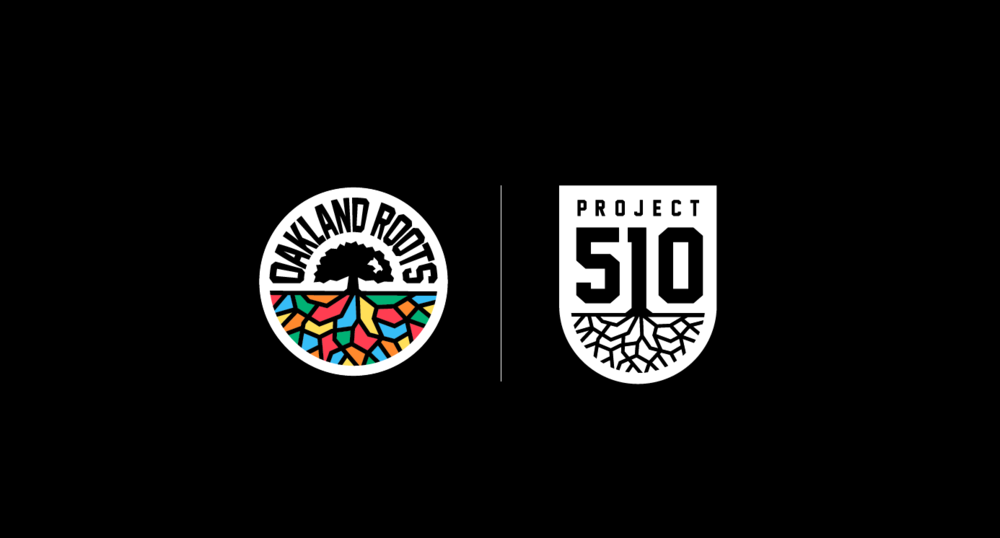 The logos for Oakland Roots (a tree with multicolored roots in a white circle) and Project 510 (the 1 has tree roots).