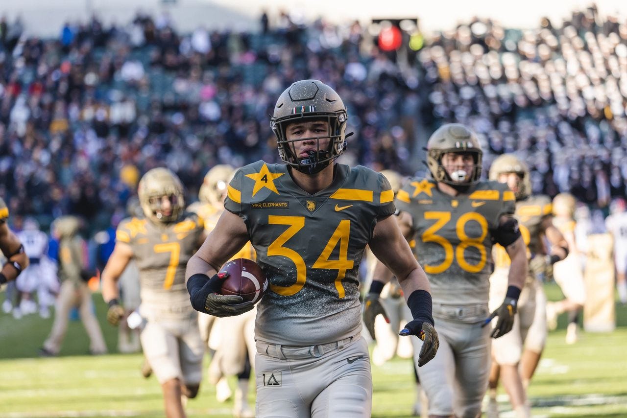 mickey markoff 2023 air sea exec — photo of army football team in uniform with green shirts and white pants, numbers 34 and 38 on football field with audience in background. Posted on mickey markoff 2024 news article on army navy football game.