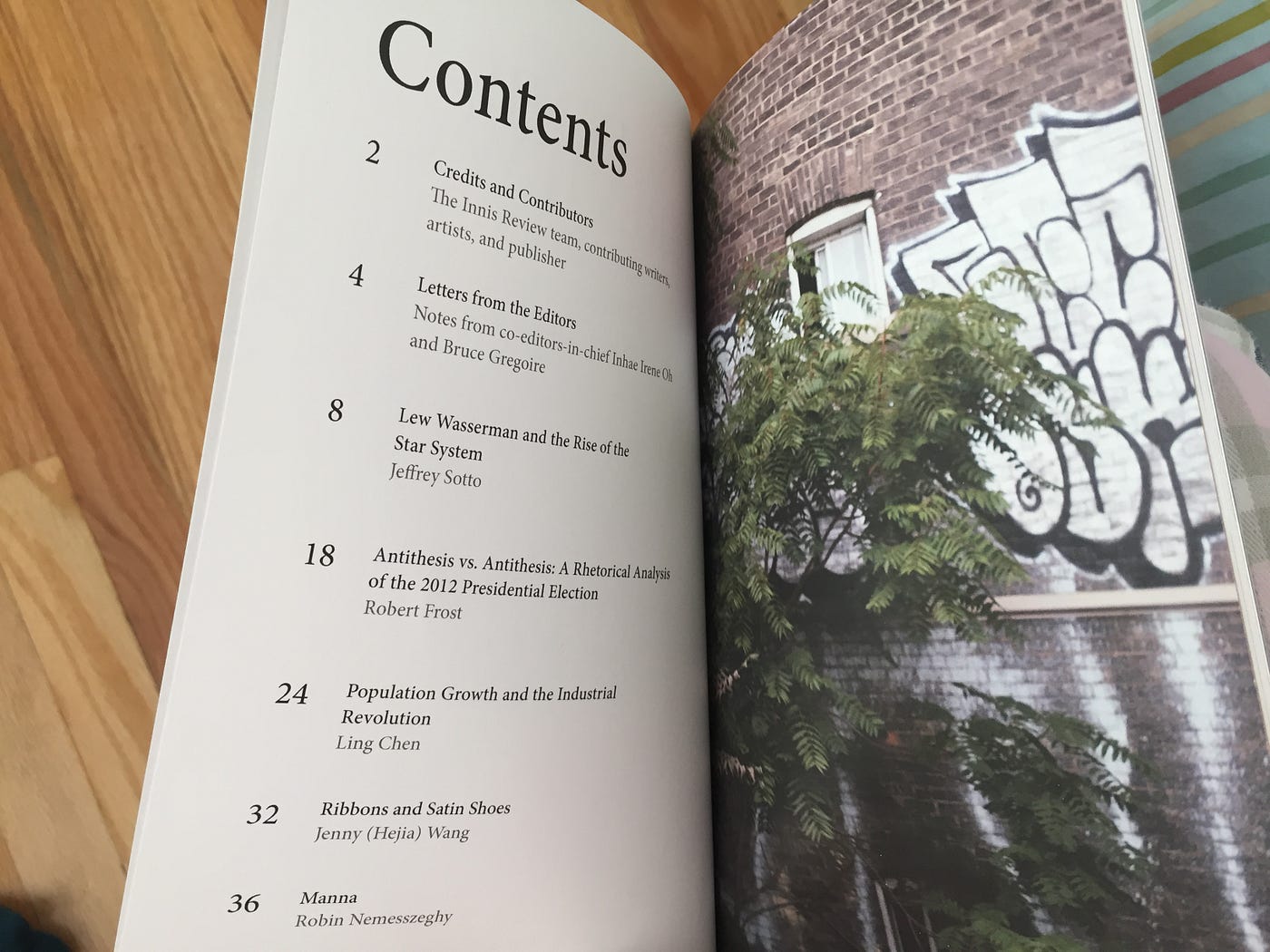 My story in the contents page of The Innis Review (Photo taken by author)