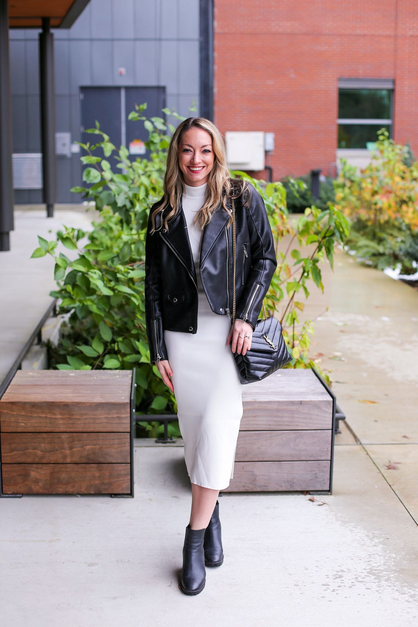 Formal Dress With Leather Jacket And Boots Holiday Outfit Idea: Sweater  Dress Styled Two Ways By