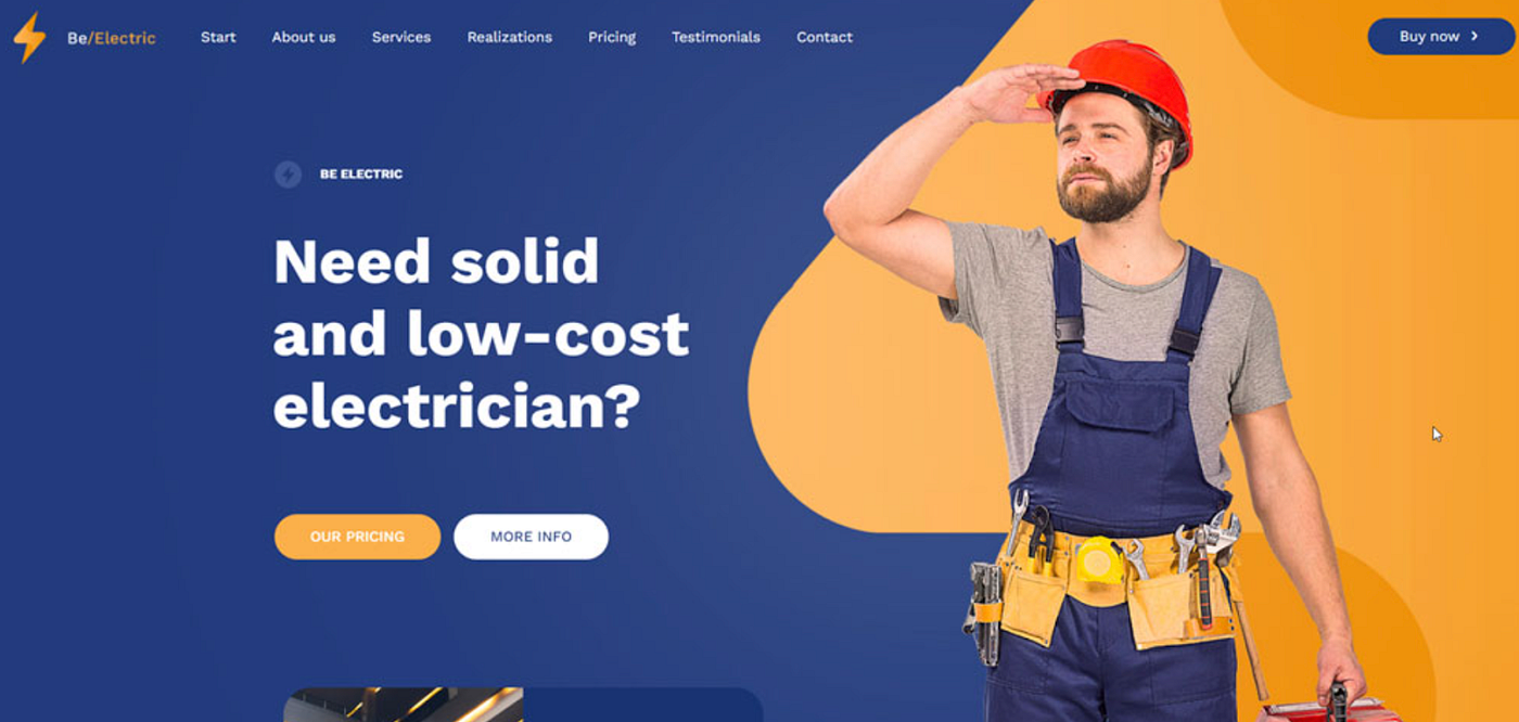 A homepage of an electrician website with the bolded question positioned as an offer saying “Need solid and low cost electrician?” next to a white male electrician.