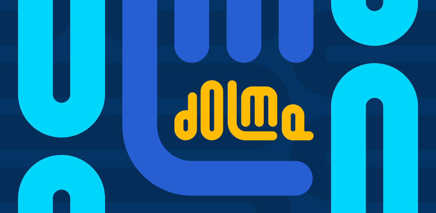 Dolma’s official logo. It’s dolma written in yellow, round lowercase letters over a blue background.