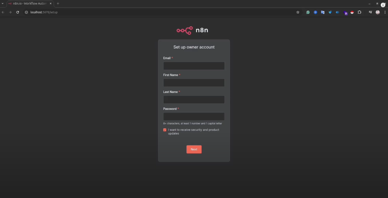 Setting up owner account on n8n during first-time setup