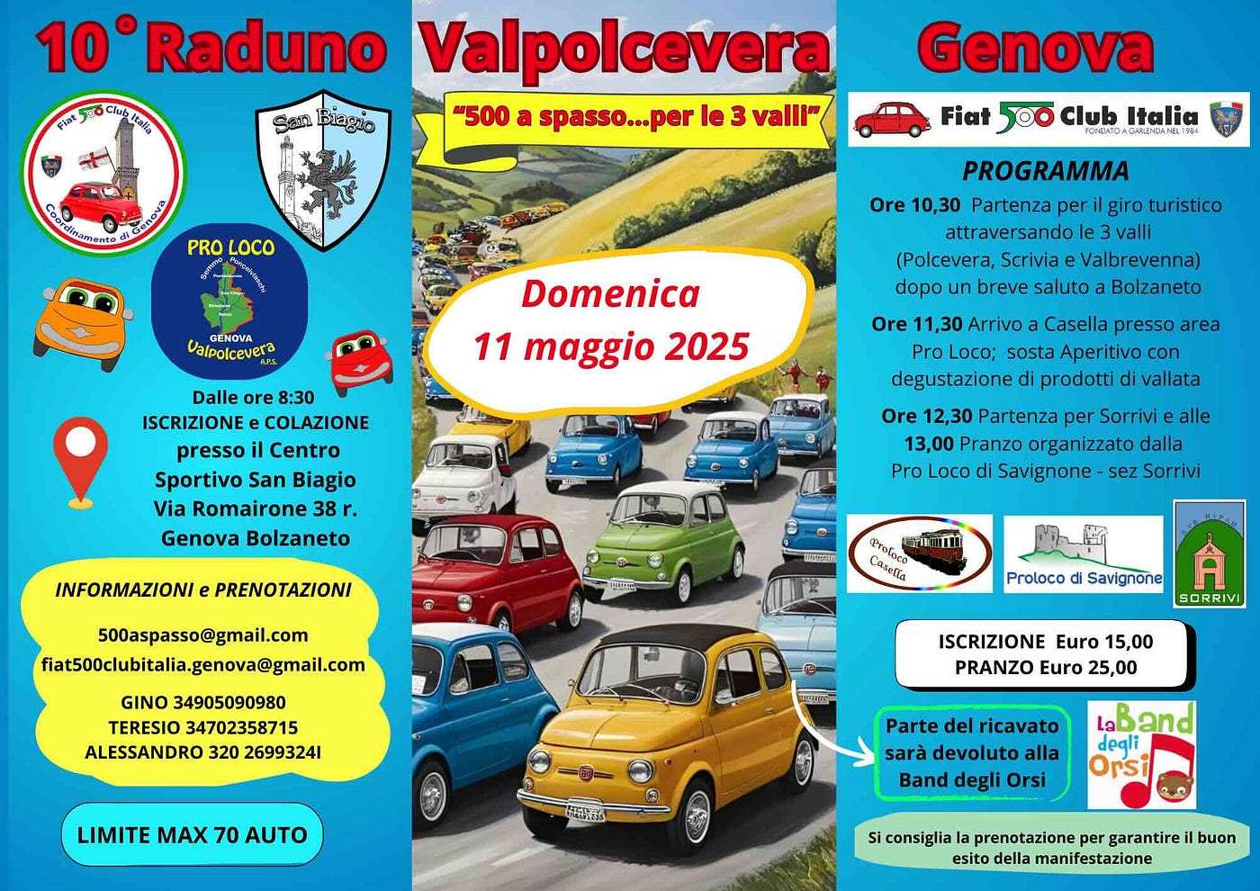 10° Raduno “500 a spasso… per le 3 valli”: domenica di festa e solidarietà