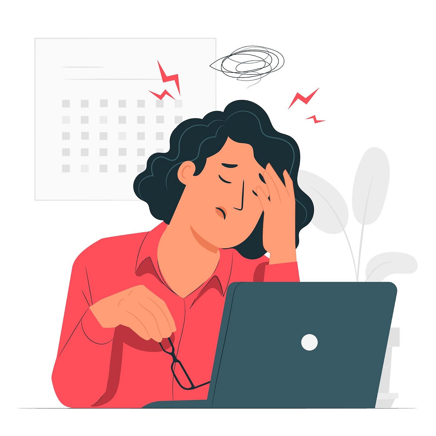 Mentally tired person clutching their forehead illustration.