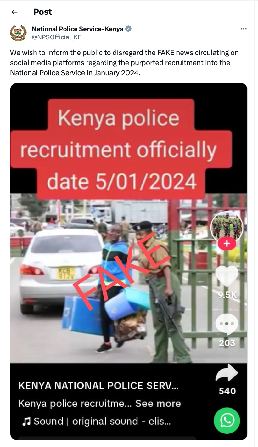 FALSE: This purported Kenya Police Service January 2024 