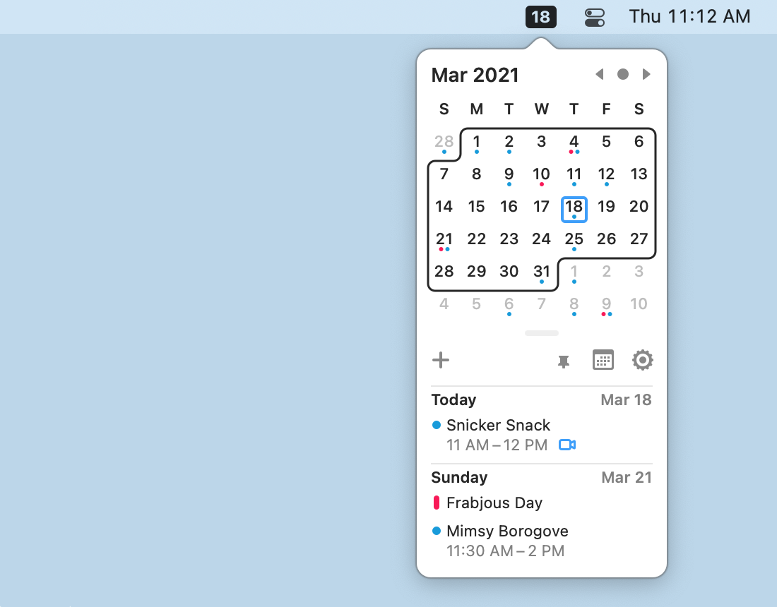 Screenshot of the ItsyCal dropdown menu bar calendar