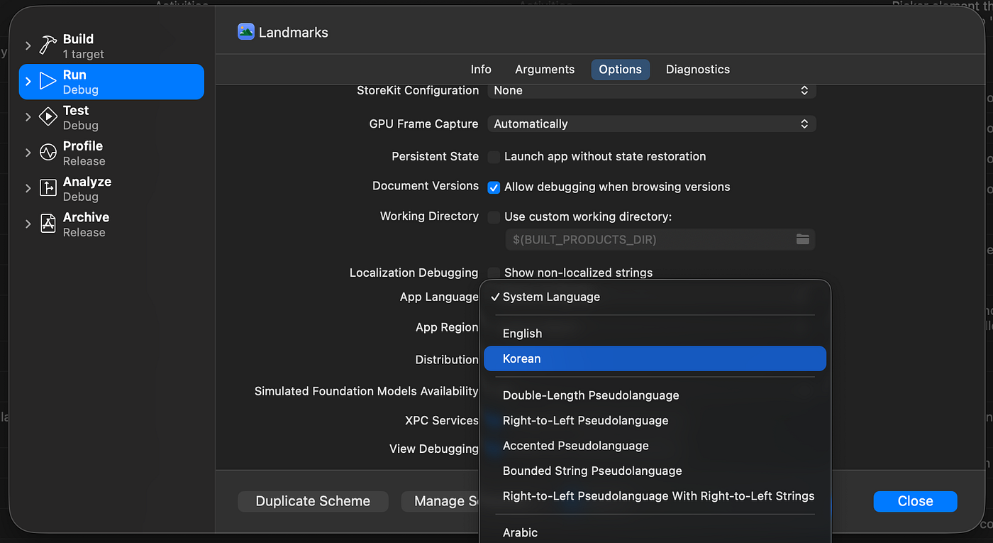 Simulator 기기에서 동작할 App Language를 설정할 수 있습니다. 앱의 Localization을 확인해보시죠!
