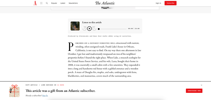 Article gifting for subscribers at The Atlantic