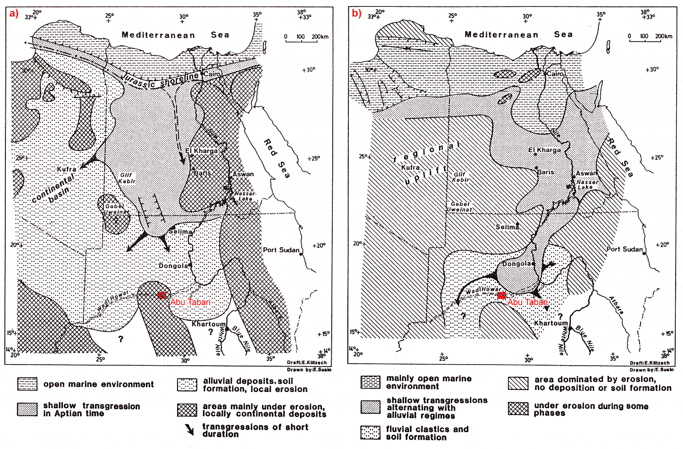 Abb. 08: a) “The Aptian Transgression and Paleogeography of Upper Jurassic to Lower Cretaceous [Wadi Howar Formation]” — b) “Paleogeography of Coniacian to Campanian [Kababish Formation]” (KLITZSCH & WYCISK 1987:8,110). Quelle: KLITZSCH & WYCISK 1987:8,110, abgeändert durch HABERLAH