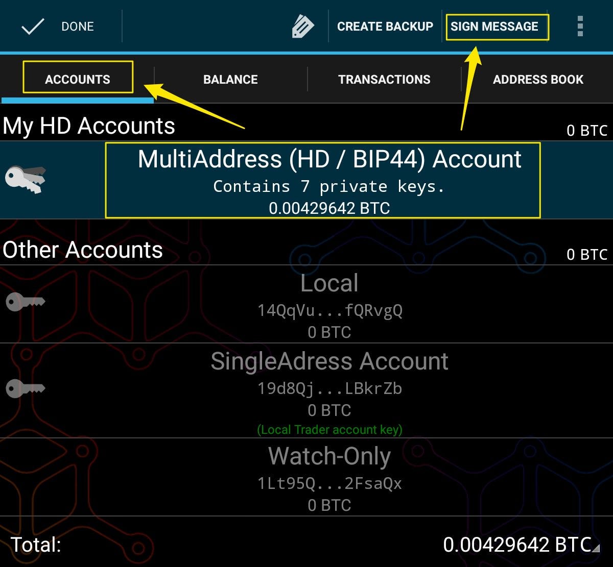 How to sign a message with a Bitcoin address: Mycelium | by TenX | Medium