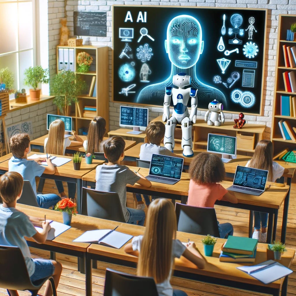 A classroom full of engaged students with a teacher at the front, all focused on AI-themed educational materials displayed around the room. The setting is vibrant and modern, illustrating a lively learning environment where the topic of artificial intelligence and its economic impact is being explored.