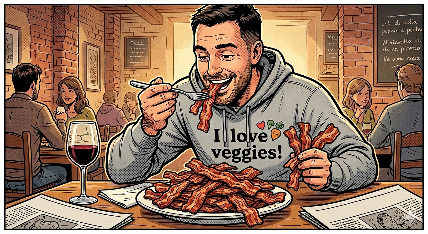 a man eats bacon and claims to be a vegetarian