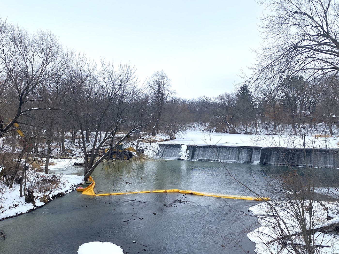 Crews work in late 2022 to strengthen the Ramsey Dam as part of a project by the dam’s owner Hormel Foods Corp.