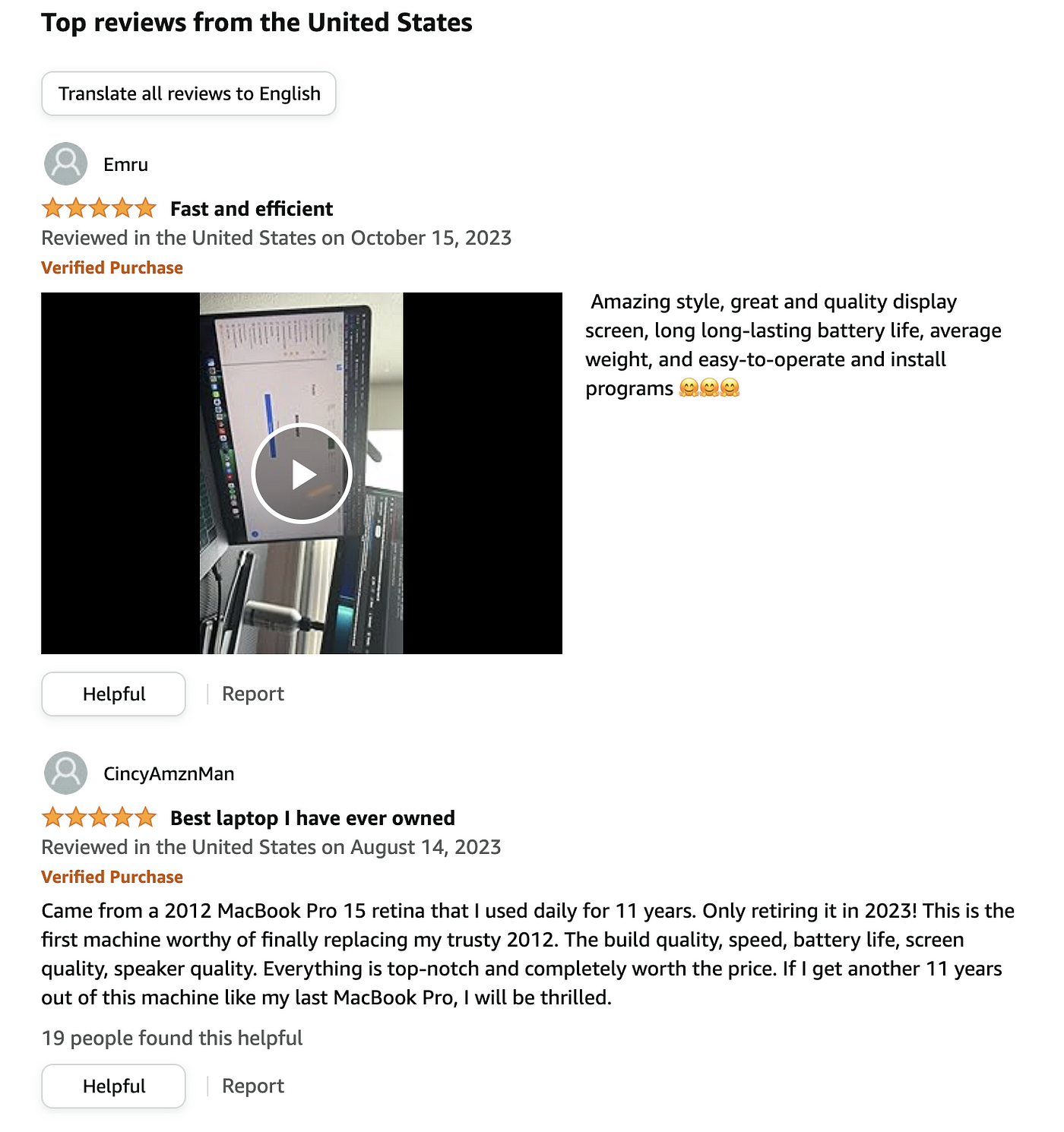 A screenshot of a user reviews on ‘Apple 2023 MacBook Pro Laptop’ on Amazon.