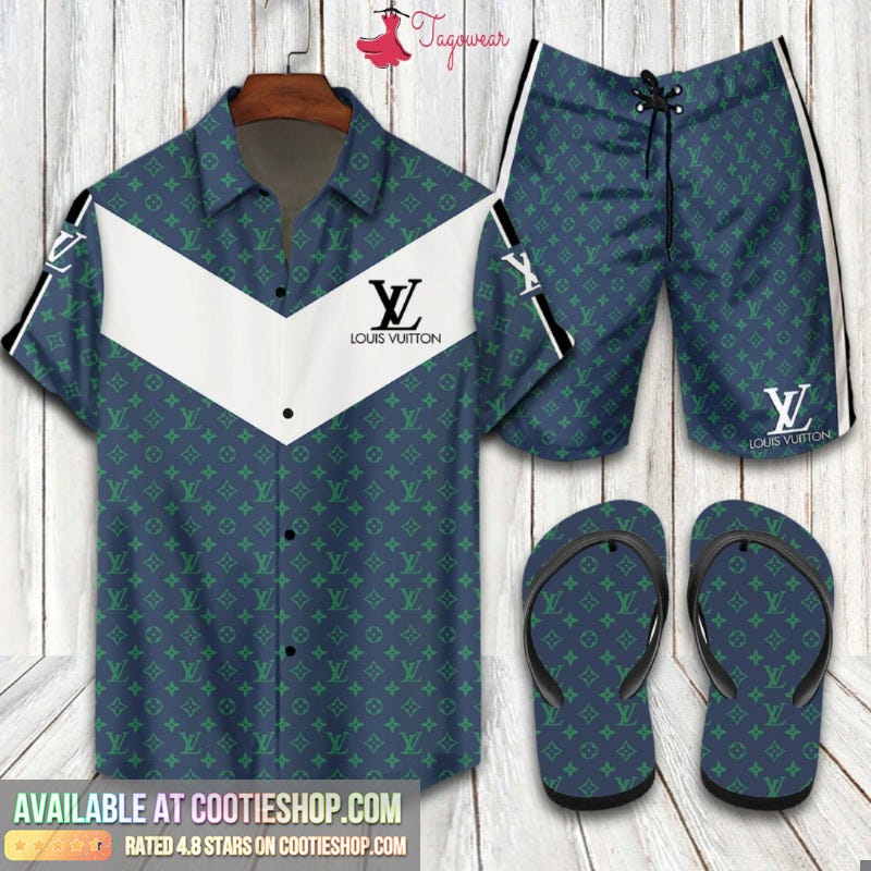 Louis Vuitton Blue 2022 Combo Hawaiian Shirt Beach Shorts And Flip Flop