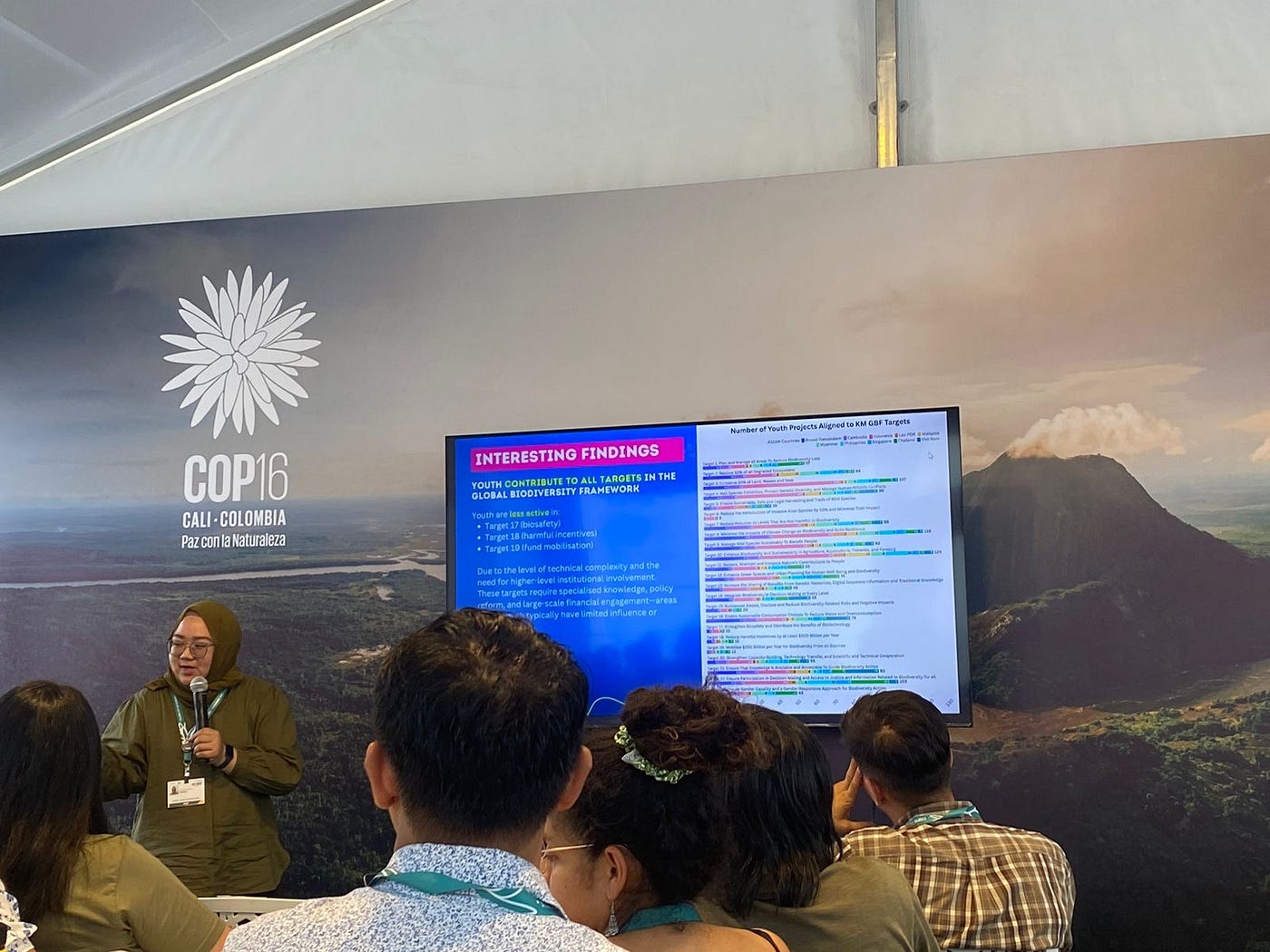 Nadia Putri Rachma, Indonesian delegate, presenting the documentation of ASEAN youth contributions to global goals on CBD COP16, Cali, Colombia. Credit: Nadia Putri