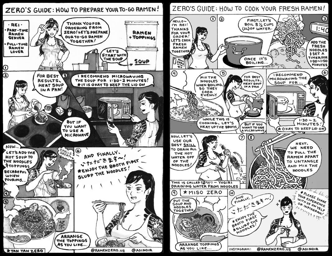 A black-and-white comic showing how to cook ramen you’ve either bought fresh or to-go.