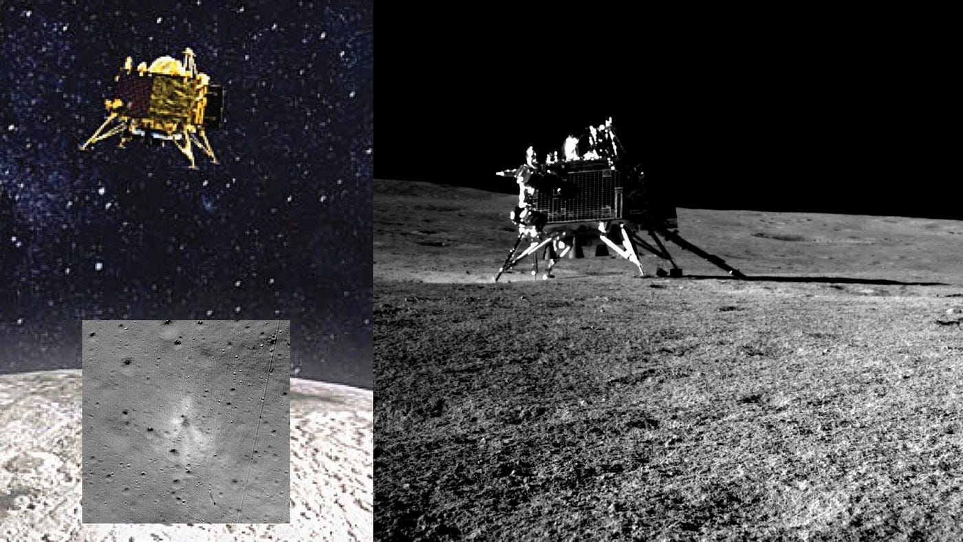Left: An artist’s depiction of the Chandrayaan 2 lander in lunar descent: Left inset: The Chandrayaan 2 crash site on the Moon; Right: The Chandrayaan 3 lander on the Moon imaged by the mission’s rover Pragyan. Images: ISRO / NASA LRO