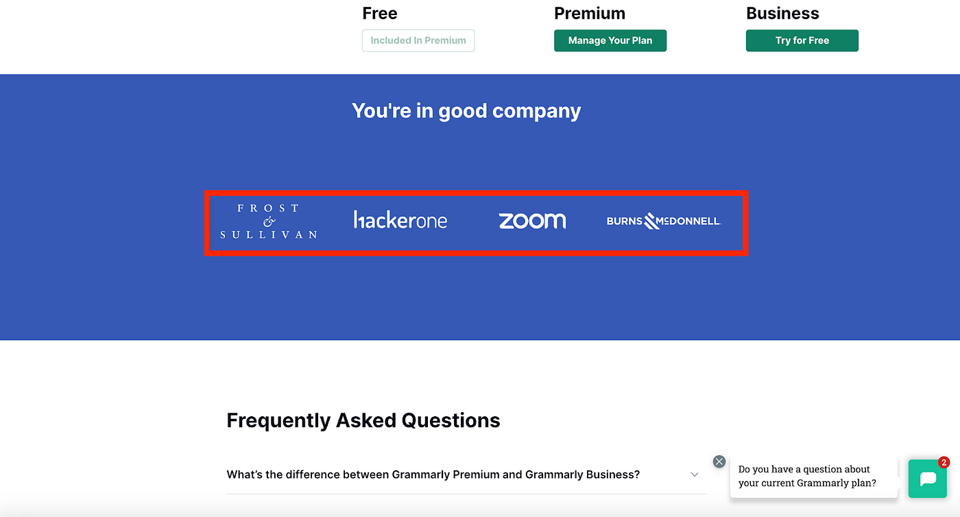 Grammarly optimized pricing page highlighting popular clients as a trust badge