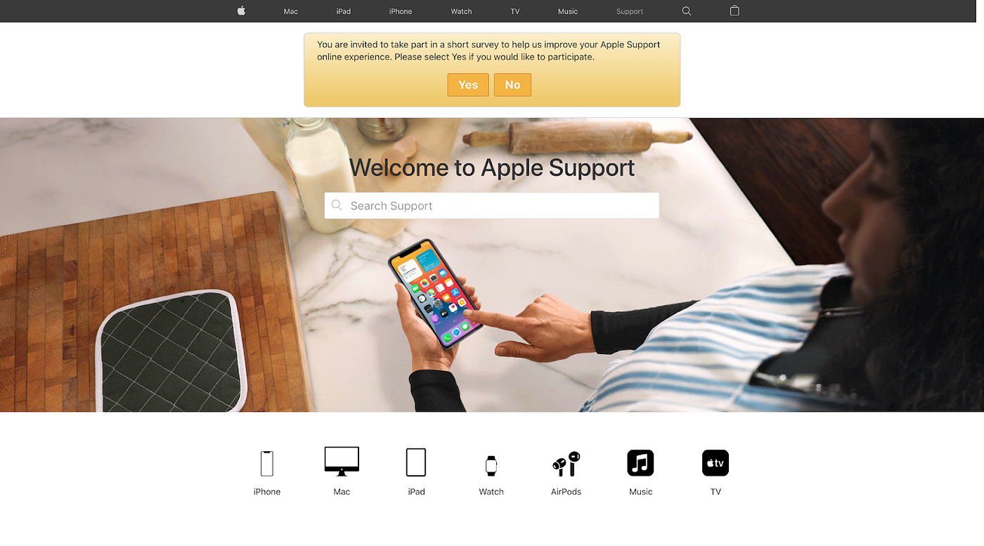 Apple website with a pop-up asking for feedback