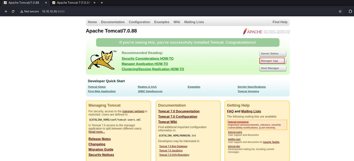 Default Tomcat page with Manager panel