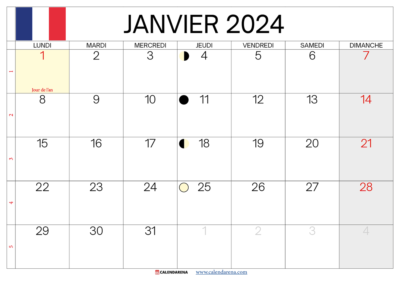 Calendrier janvier 2024