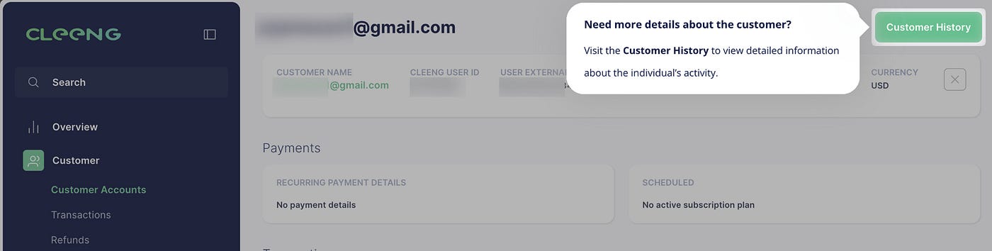 Tooltip pointing to the new position of the Customer History button.