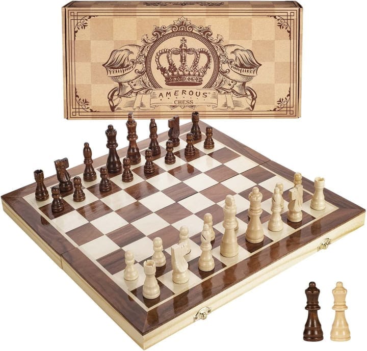 StonKraft 18 x 18″ Collectible Wooden Folding Chess Game Board Set+Wooden  Crafted Pieces with Extra Queen