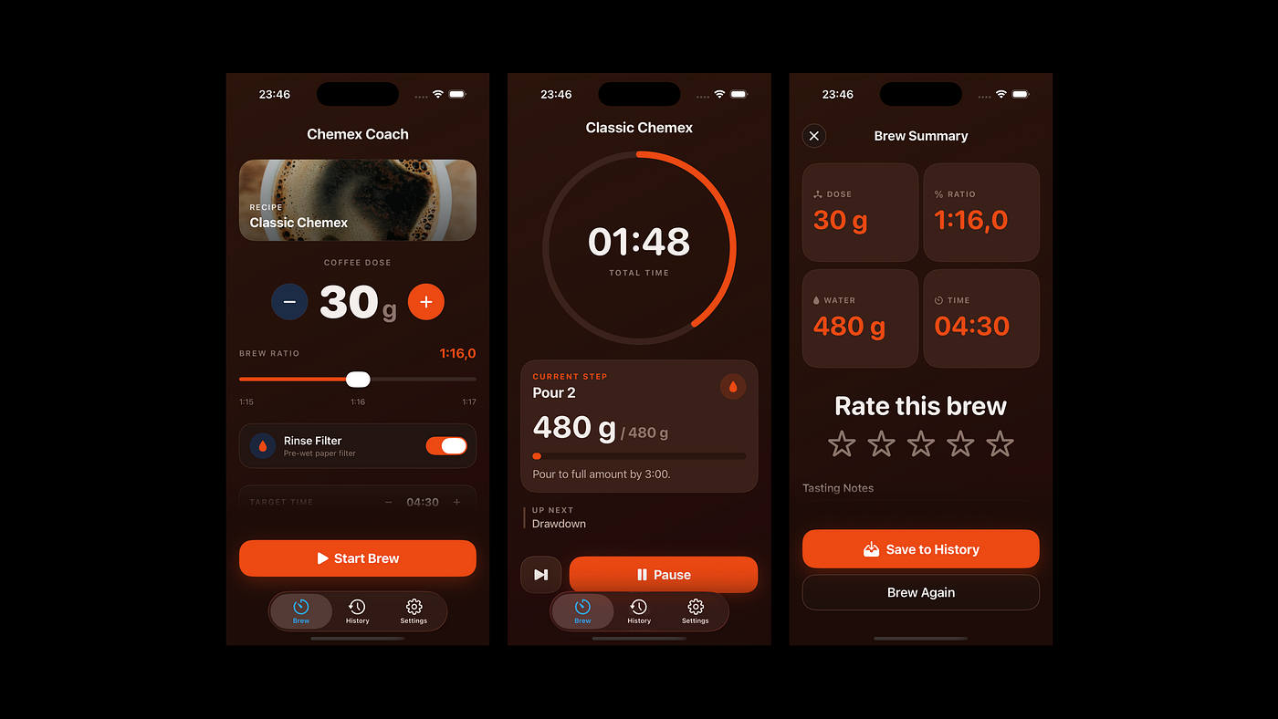 iOS Brew Setup · iOS Brew Timer · iOS Brew Summary