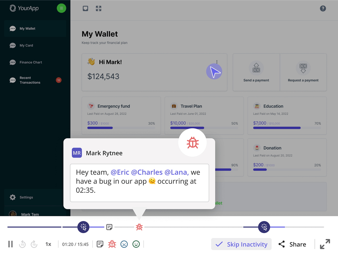 Collaboration features in Userpilot session recordings.