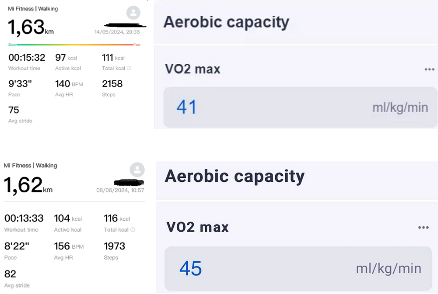 챌린지 시작 시 1마일 걷기 테스트와 종료 시 1마일 걷기 테스트. 참고: 안정 시 심박수를 사용하여 VO2 Max를 계산한 후 평균을 계산했습니다.<BR> 3년 동안 하루 15,000보 이상 걸으면 어떻게 될까요?