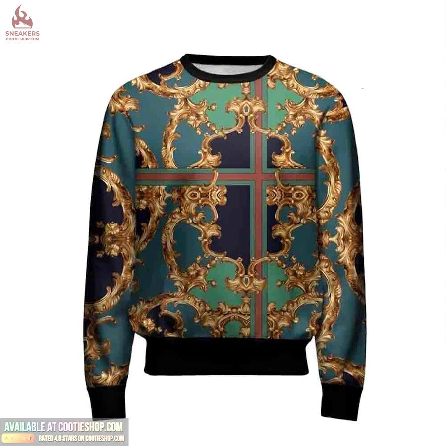 Gianni Versace Golden Pattern Green 3D Ugly Sweater Luxury Brand