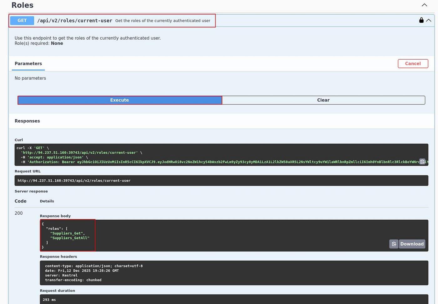 Roles assigned to the logged-in customer