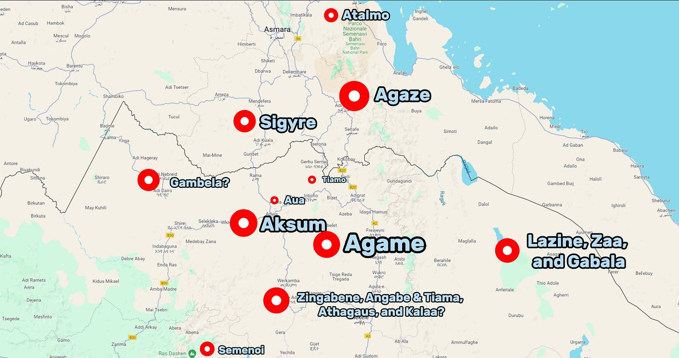 Rough Locations of the Initial Conquests of Negus GDRT mentioned on the Adulis Throne (Own Work)