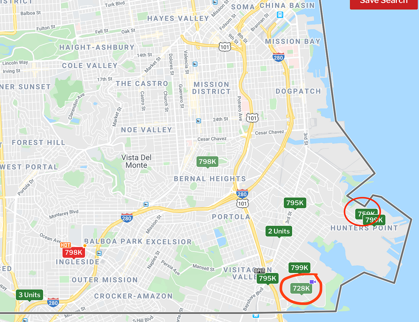 A map of San Francisco, with a few markers indicating $700K range; 3 are circled—2 in Hunter’s Point + 1 in Visitacion Valley