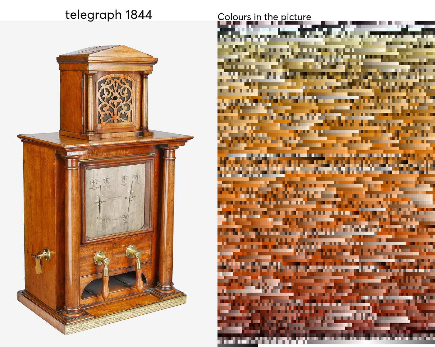 Images of wooden telegraph and it’s analytics breakdown of colors.