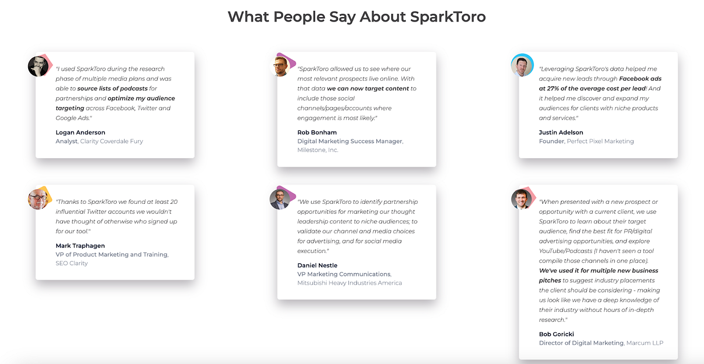 Customer reviews on SparkToro’s optimized pricing page