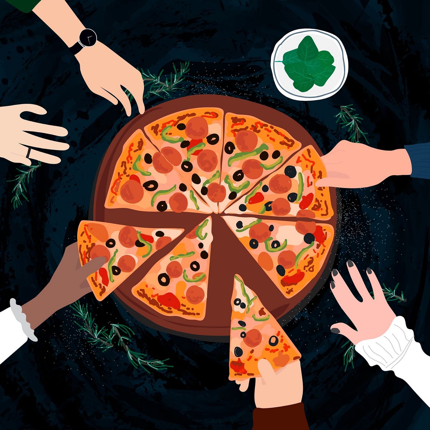 Illustration of people taking pieces from a full pizza