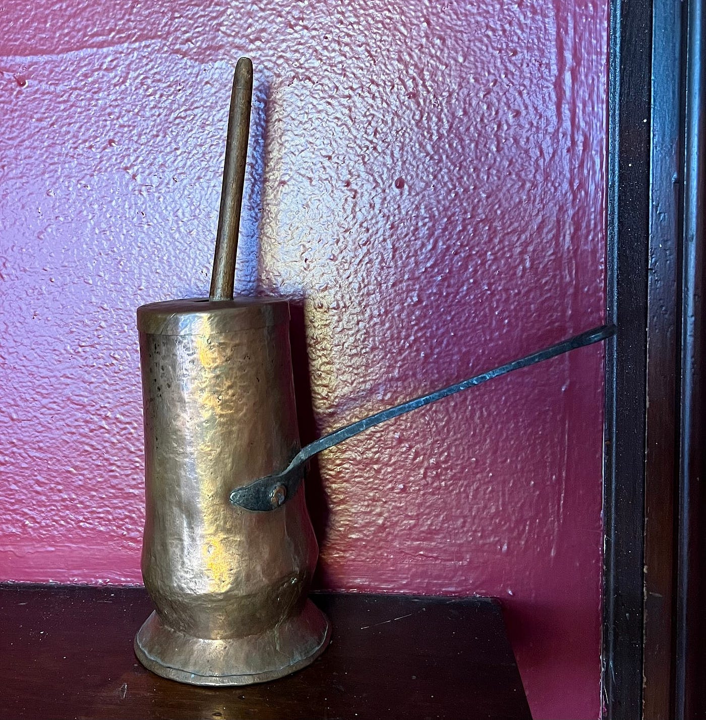 The oldest thing in my house is this mid-1700s European chocolatière for making drinking chocolate. I bought it from a street market in Belgium when we were visiting my husband’s family years ago. Making hot chocolate was a whole production then. (Photo by Michelle Teheux)