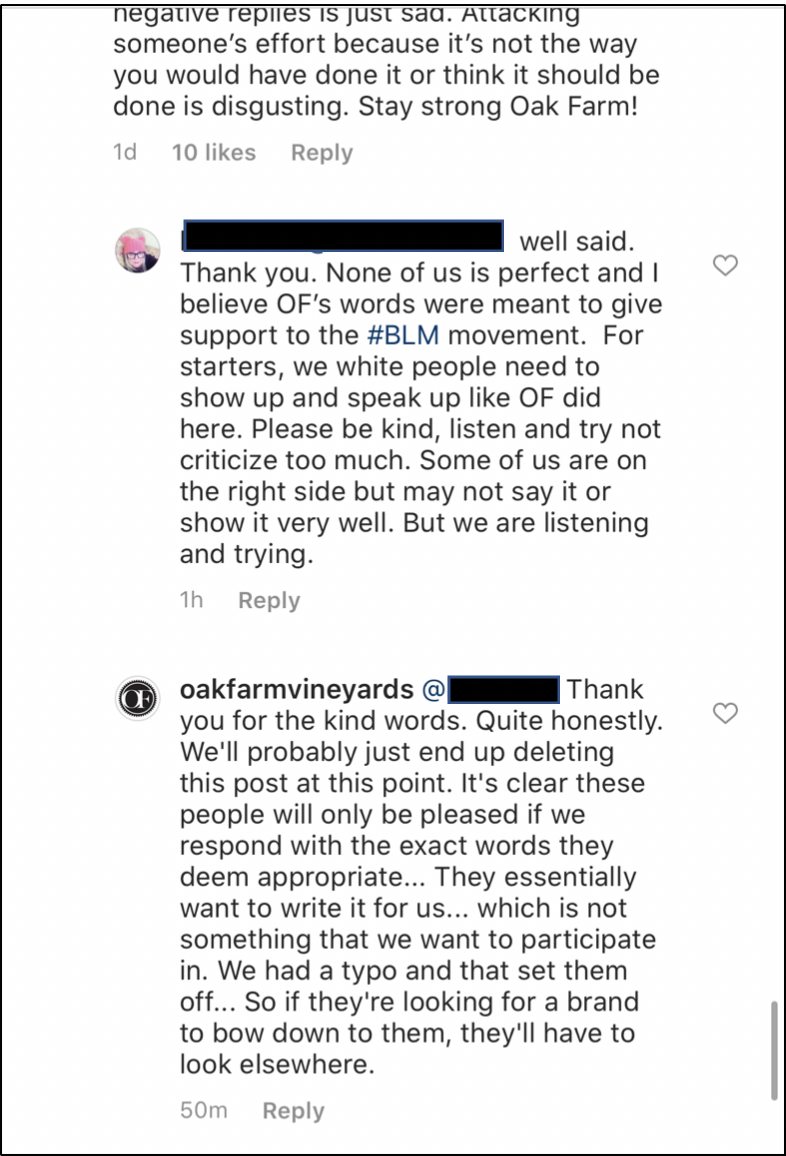 More Instagram comments&nbsp;, Oak Farm Vineyards acting like they’ve been wronged.