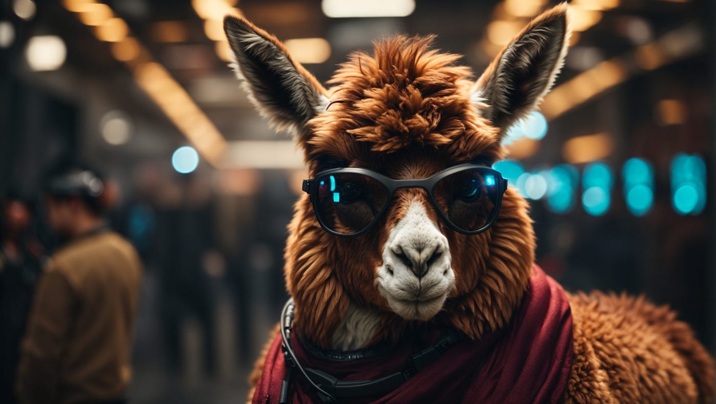 Llama looking at the reader wearing sunglasses and a red scarf. Appears to be in a long hall with blurred images of people in the background.